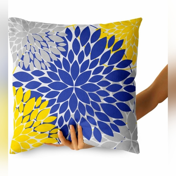 Navy Blue & Yellow Dahlia Pillow Covers, 18x18” Set of 2 - Picture 3 of 6